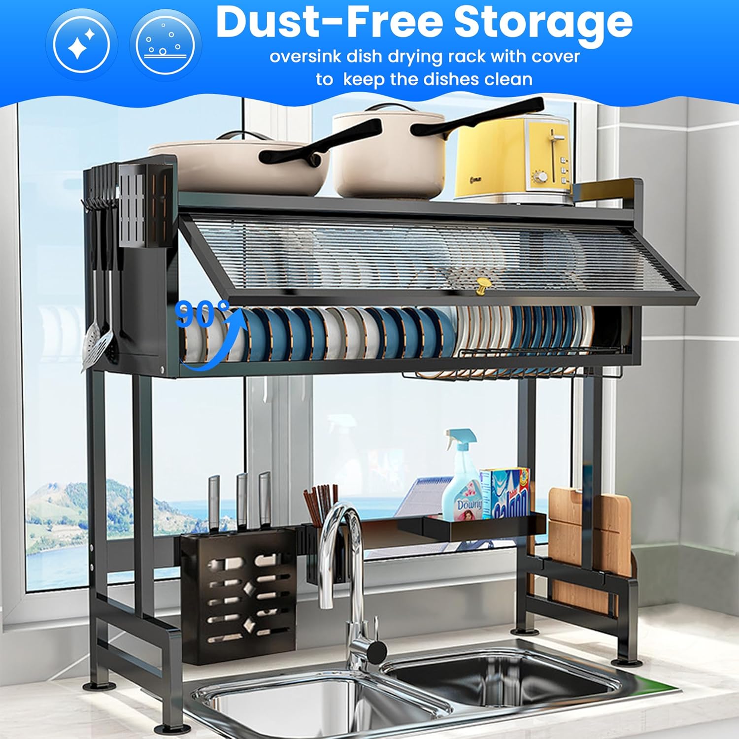 Kitchen Sink Dish Rack, Dust Proof Lid With Multi Organizer